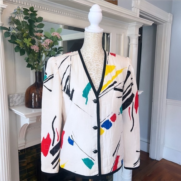 VINTAGE LEVINO VERNA 100% Silk White & Multi Color Abstract Print‎ Jacket Size 4 - Picture 7 of 16